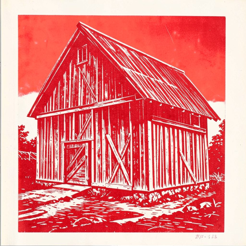 A linocut of Botolph's Barn, a traditional stone barn in warm grey and soft green countryside