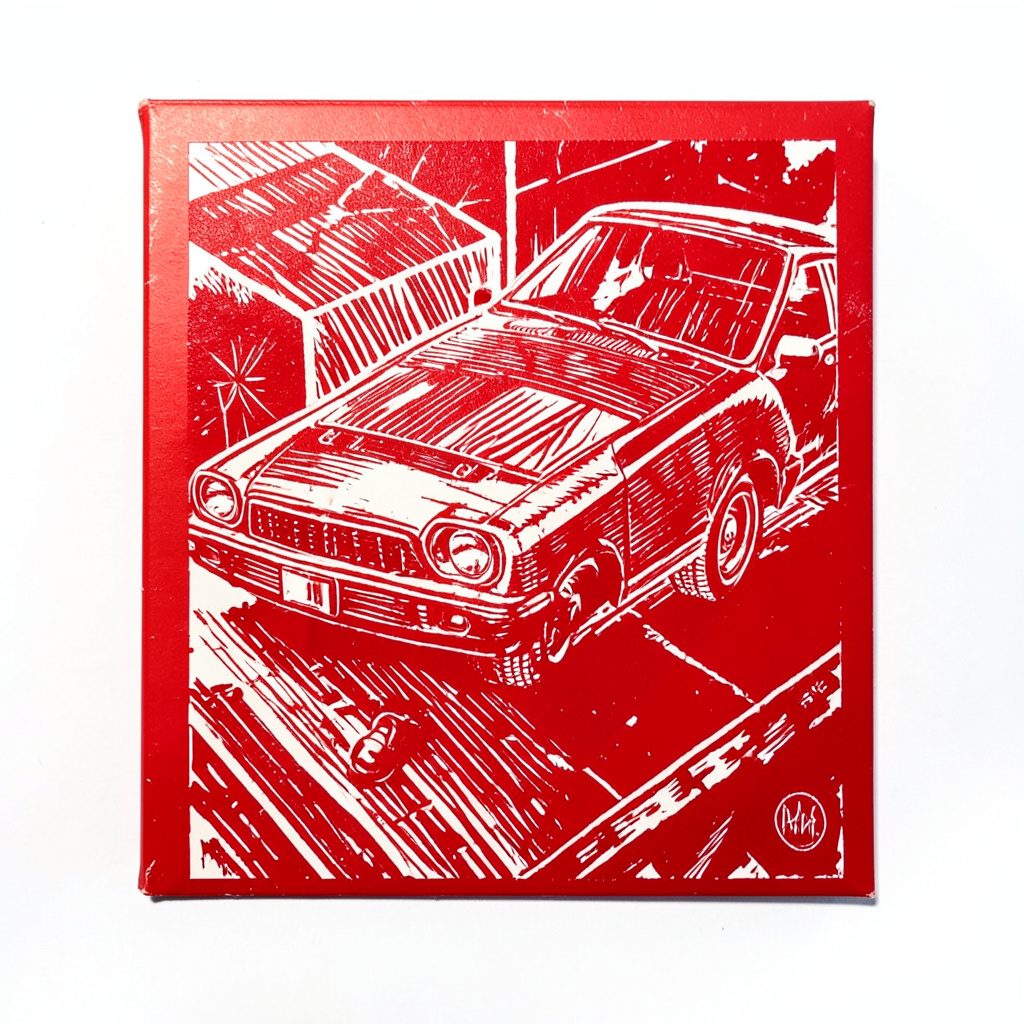 A linocut relief of a village photograph album open on a table, surrounded by rural scenes, in warm sepia and muted green