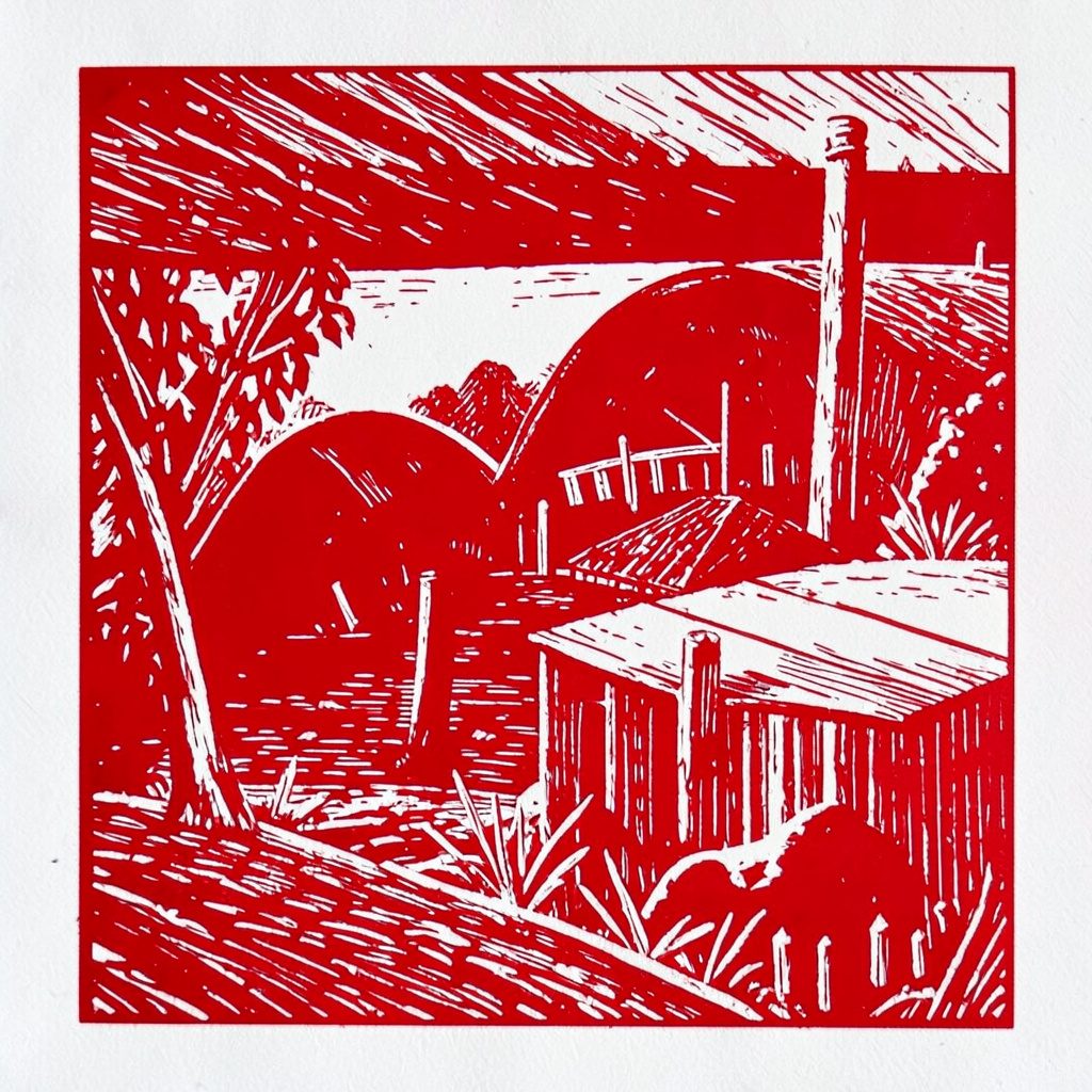 A carved linocut of a nature reserve with wildflower meadows and hedgerows, in rich greens, gold, and brown