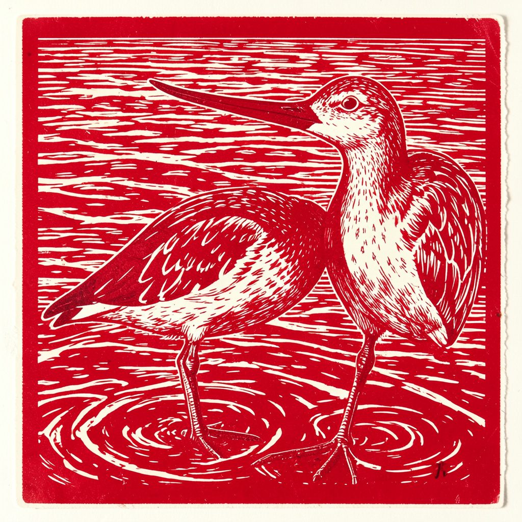 A linocut print of lapwings and shovelers in a wetland margin, with reeds and still water rendered in soft greys, browns, and pale blue